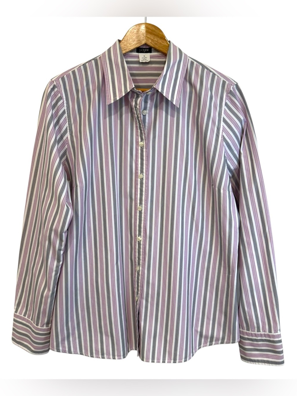 J. Crew Women's White Pink, Purple, Grey Striped 100% Cotton Button Down Shirt